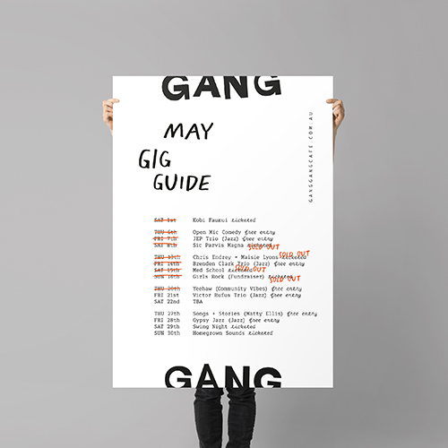 Monthly gig guide poster for Gang Gang Cafe Canberra